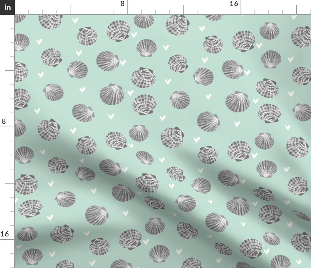 seashells fabric // girls mermaid sea shell design - grey and mint