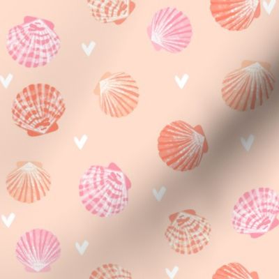 seashells fabric // girls mermaid sea shell design - pink and coral on peach