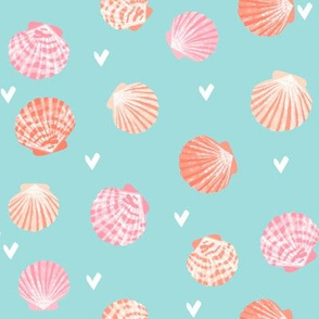 seashells fabric // girls mermaid sea shell design - peach on blue