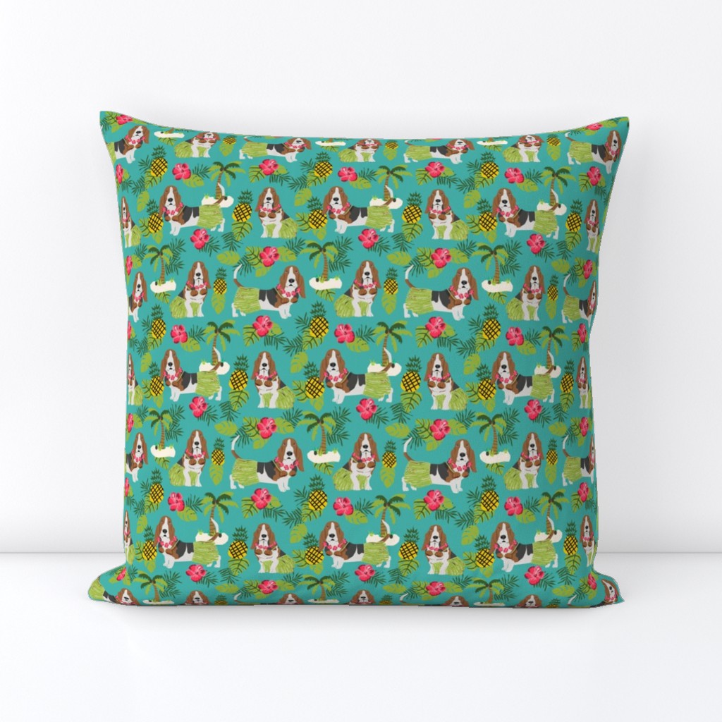 basset hound hula fabric dog tropical summer design - turquoise