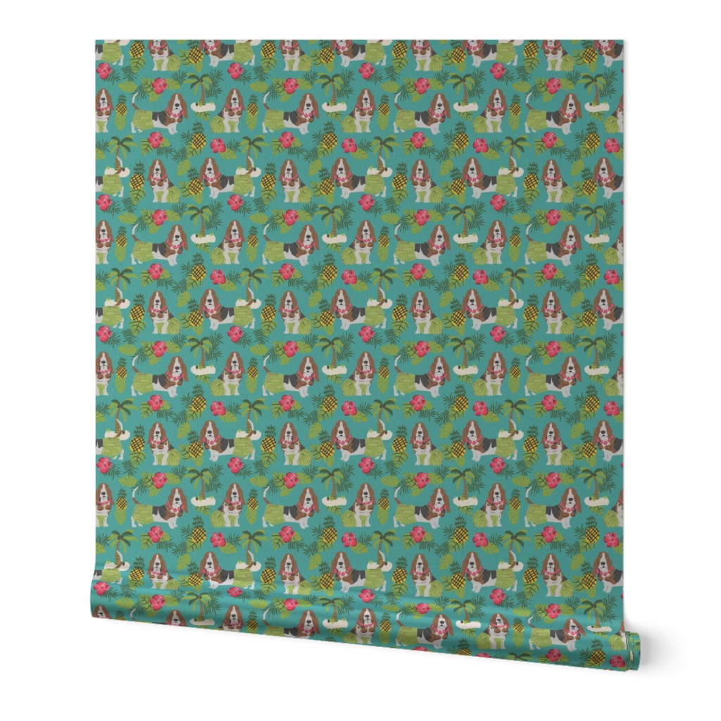 basset hound hula fabric dog tropical summer design - turquoise