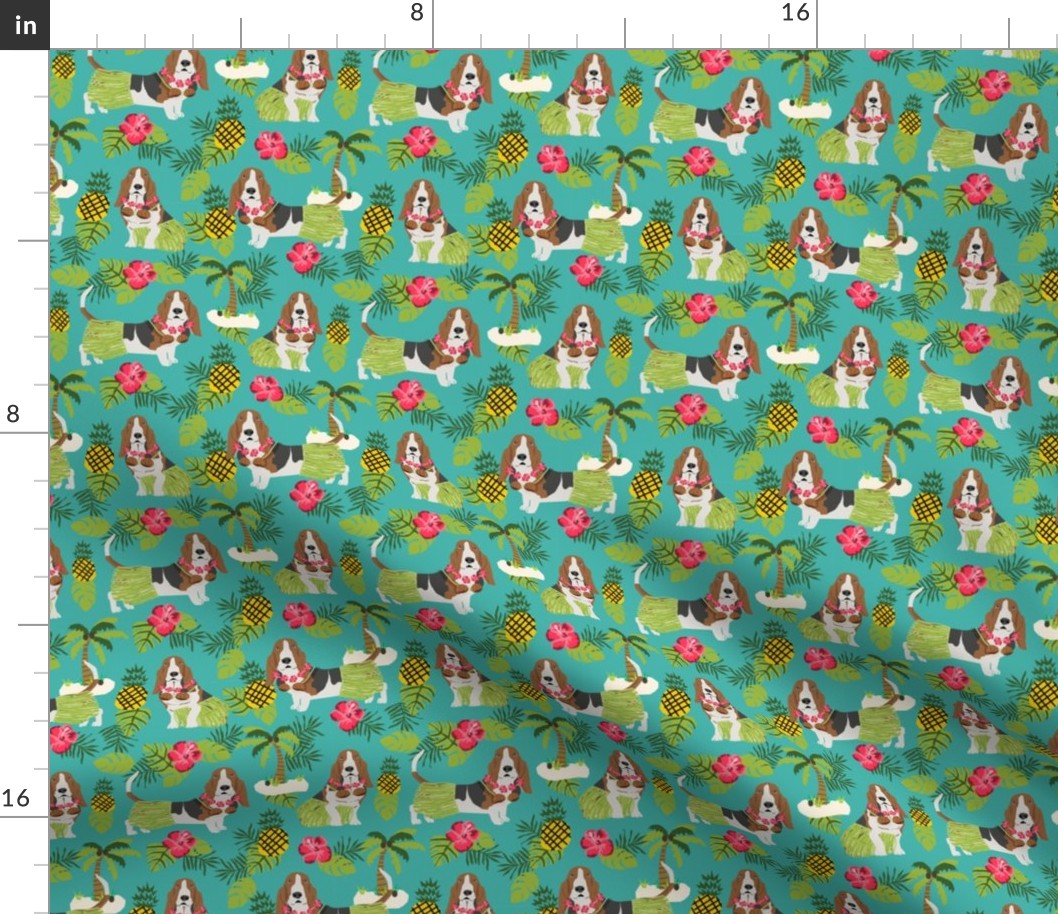 basset hound hula fabric dog tropical summer design - turquoise