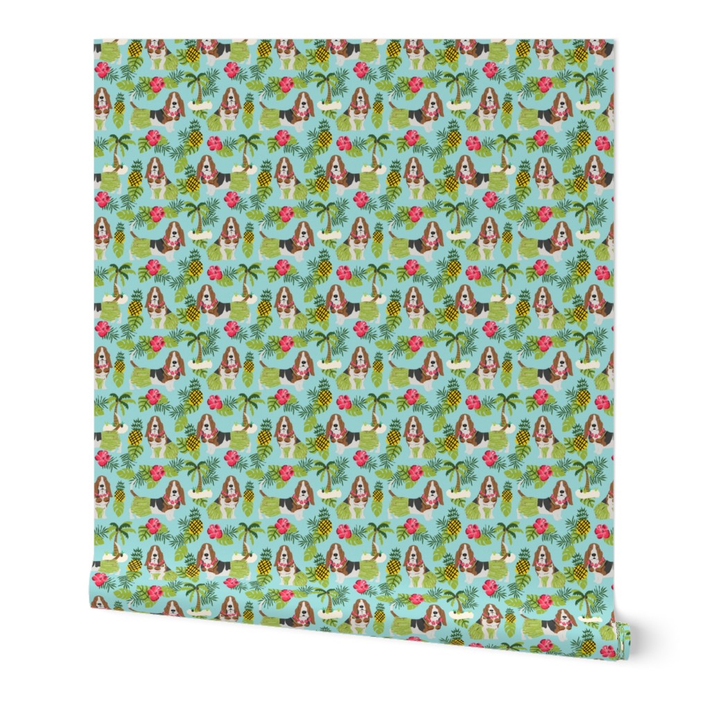 basset hound hula fabric dog tropical summer design - light blue