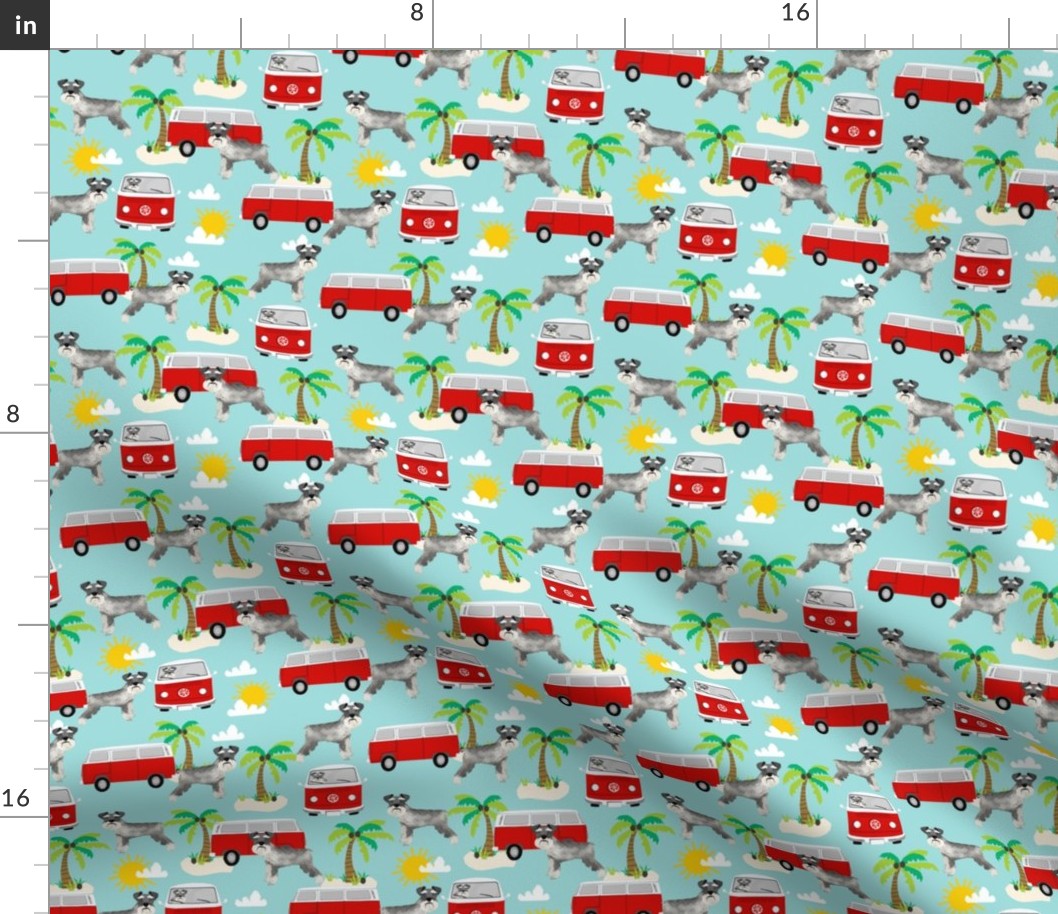 schnauzer fabric dog palm trees summer fabric dog design - light blue