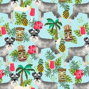 schnauzer tiki fabric summer tropical palms fabric - light blue