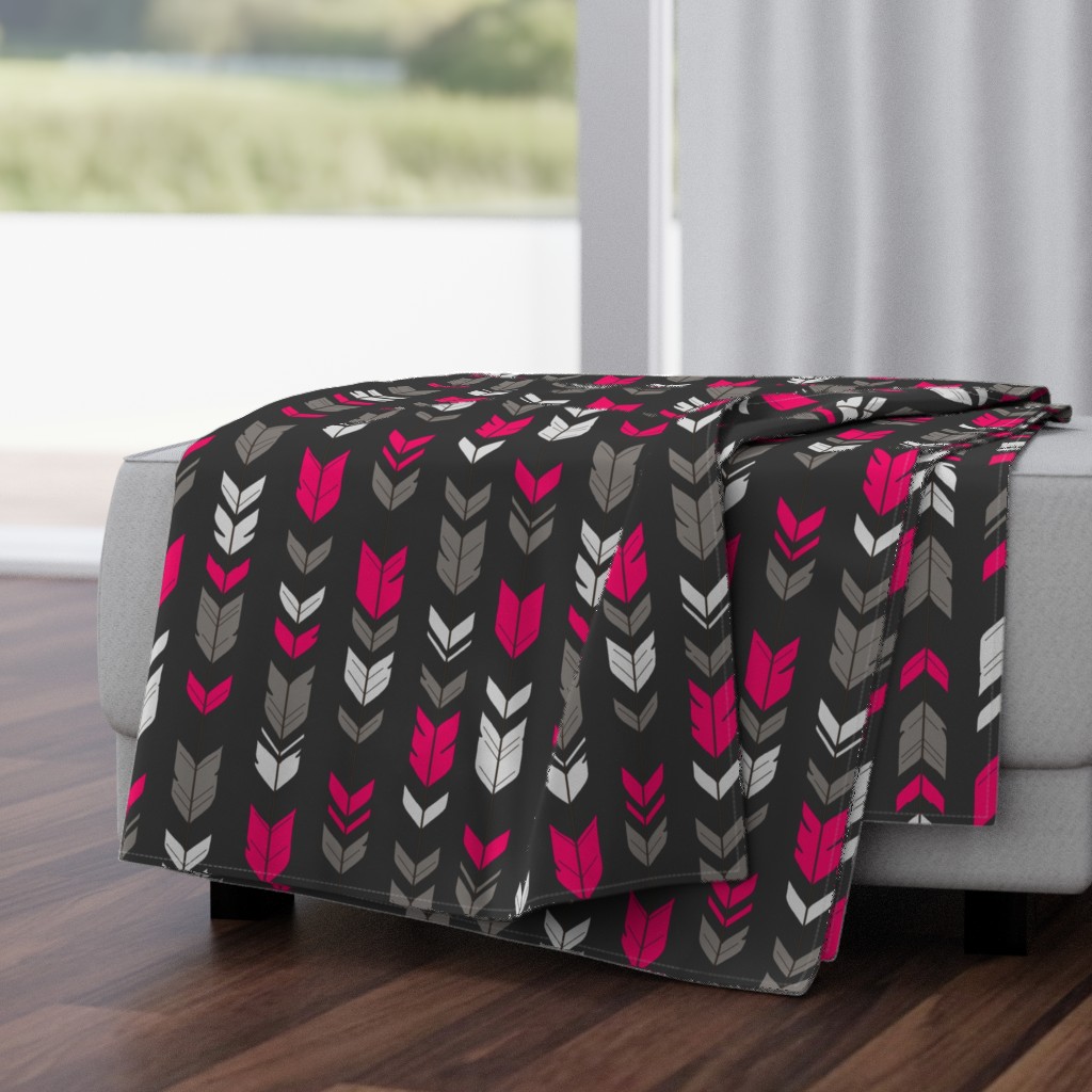 Arrow Feathers- fuchsia, gray on charcoal