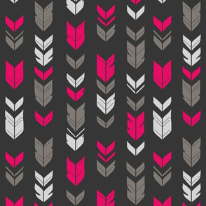 Arrow Feathers- fuchsia, gray on charcoal