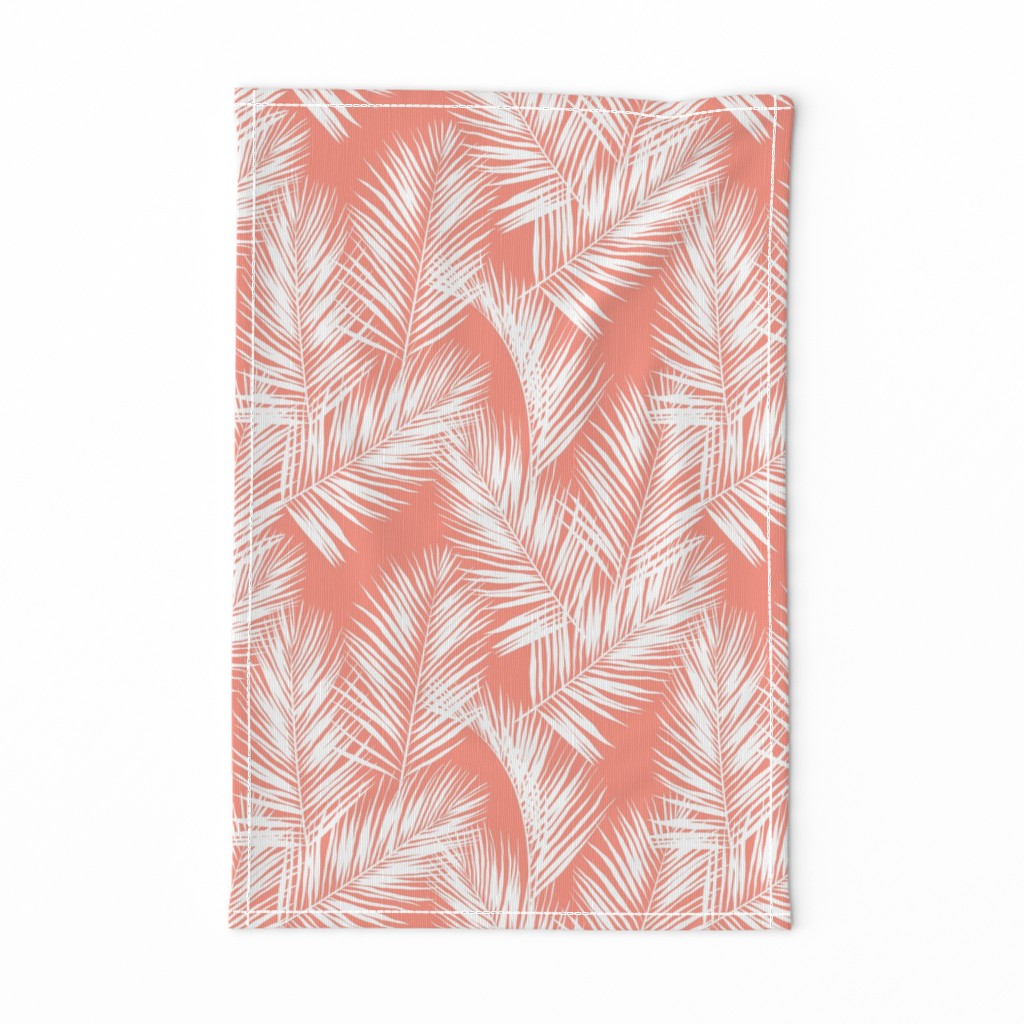 palm leaves - white on bright coral, small. silhuettes tropical forest bright coral pink hot summer palm plant tree leaves fabric wallpaper giftwrap