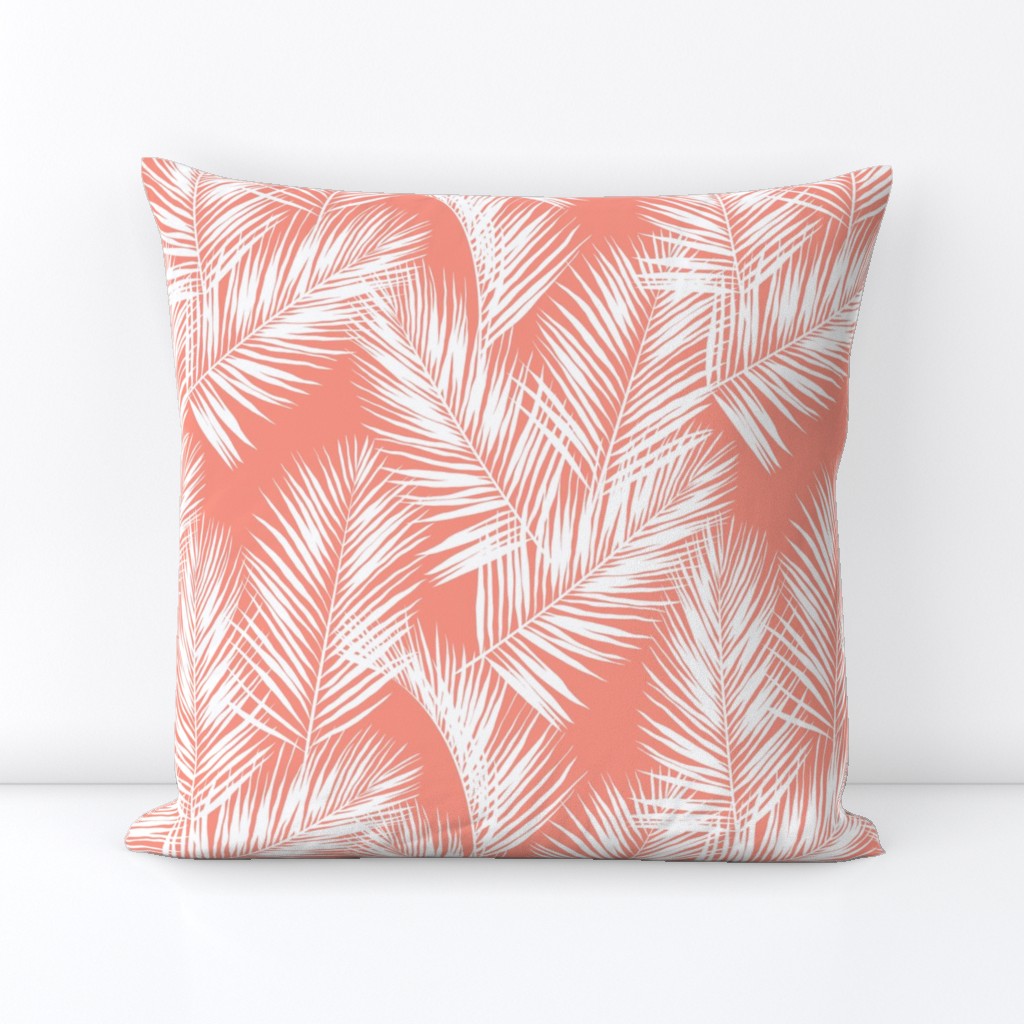 palm leaves - white on bright coral, small. silhuettes tropical forest bright coral pink hot summer palm plant tree leaves fabric wallpaper giftwrap