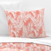 palm leaves - white on bright coral, small. silhuettes tropical forest bright coral pink hot summer palm plant tree leaves fabric wallpaper giftwrap