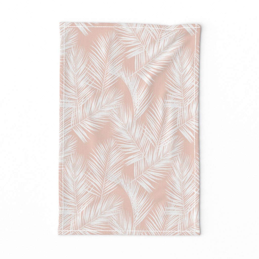 palm leaves - white on blush, small. silhuettes tropical forest white blush light pink hot summer palm plant tree leaves fabric wallpaper giftwrap