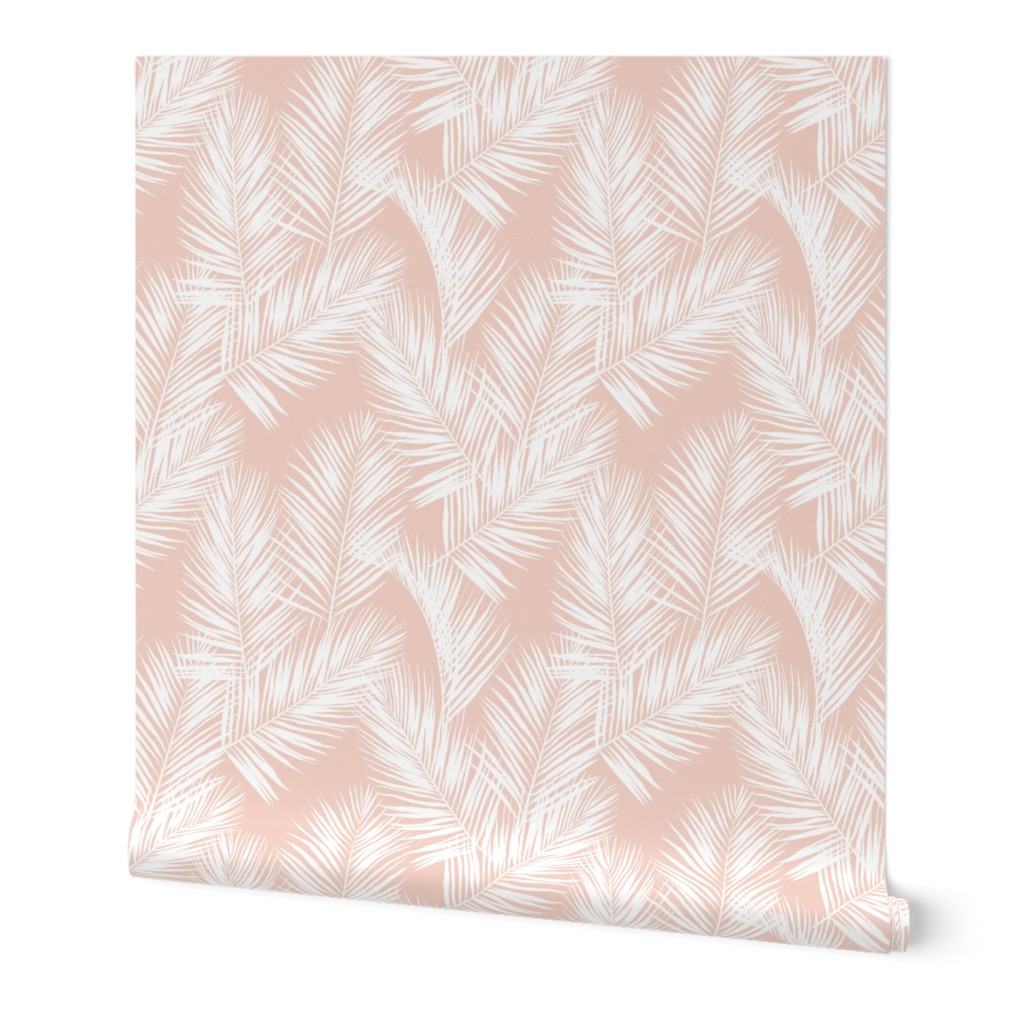 palm leaves - white on blush, small. silhuettes tropical forest white blush light pink hot summer palm plant tree leaves fabric wallpaper giftwrap