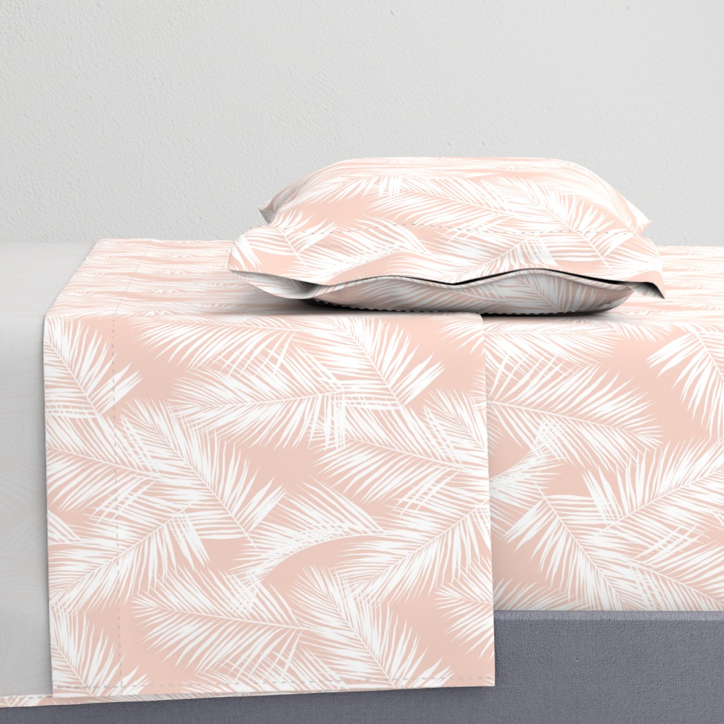 palm leaves - white on blush, small. silhuettes tropical forest white blush light pink hot summer palm plant tree leaves fabric wallpaper giftwrap