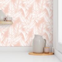 palm leaves - white on blush, small. silhuettes tropical forest white blush light pink hot summer palm plant tree leaves fabric wallpaper giftwrap