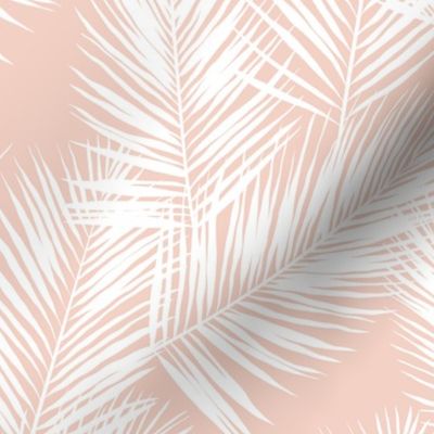 palm leaves - white on blush, small. silhuettes tropical forest white blush light pink hot summer palm plant tree leaves fabric wallpaper giftwrap