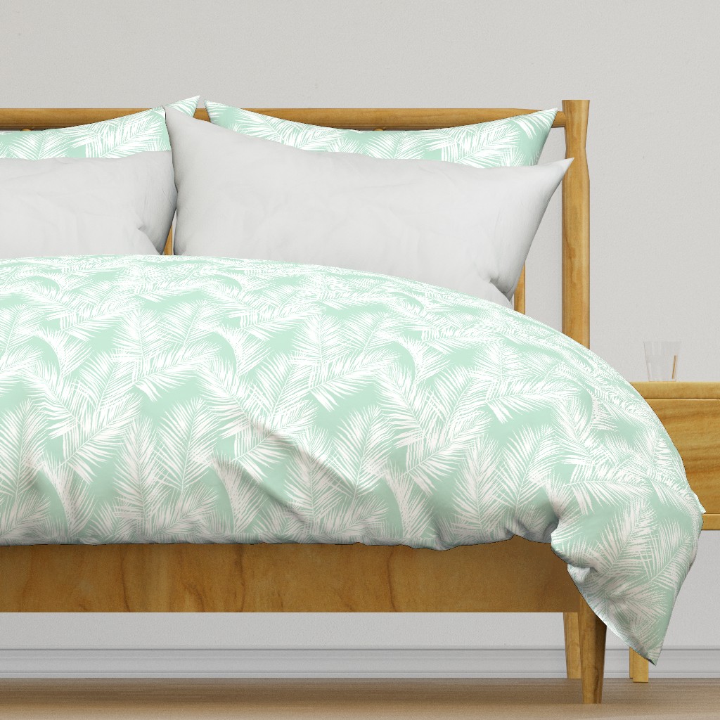 palm leaves - white on mint, small. silhuettes tropical forest mint light green mint hot summer palm plant tree leaves fabric wallpaper giftwrap