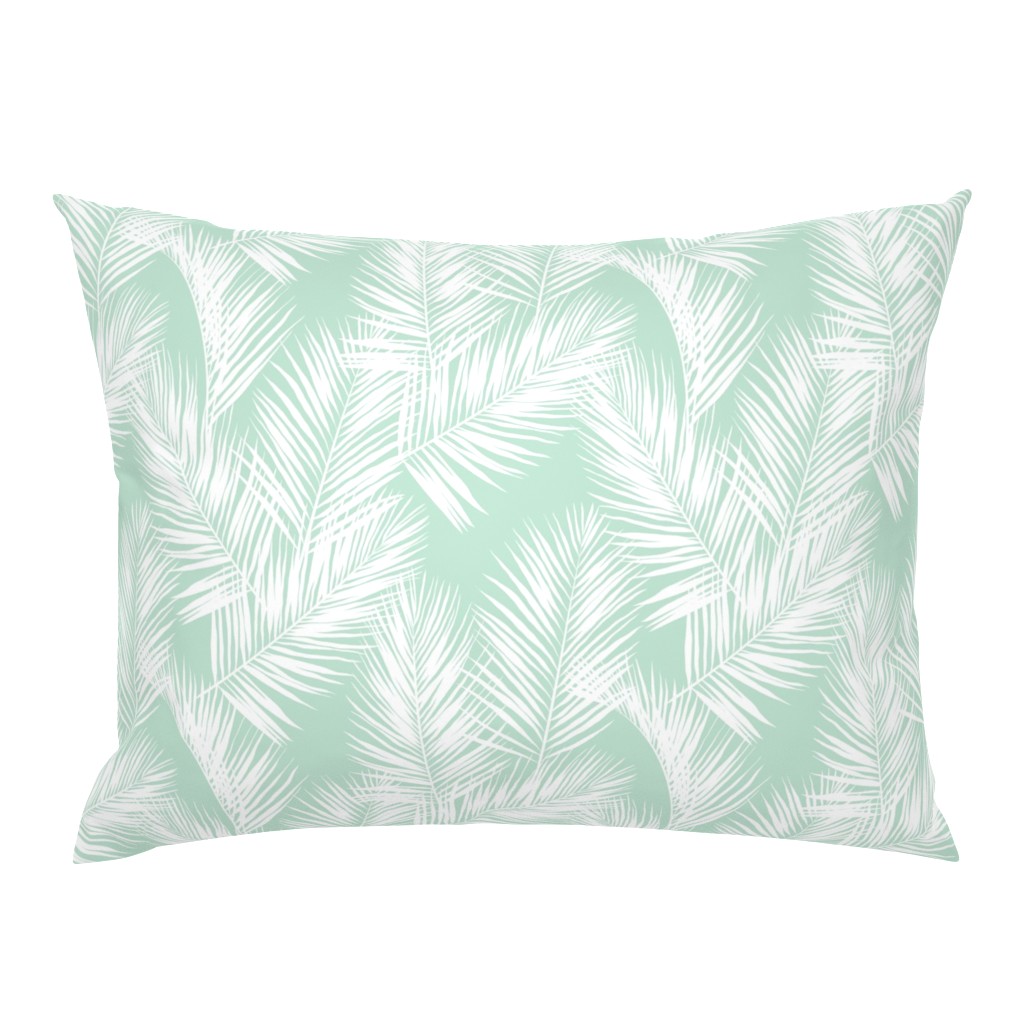 palm leaves - white on mint, small. silhuettes tropical forest mint light green mint hot summer palm plant tree leaves fabric wallpaper giftwrap