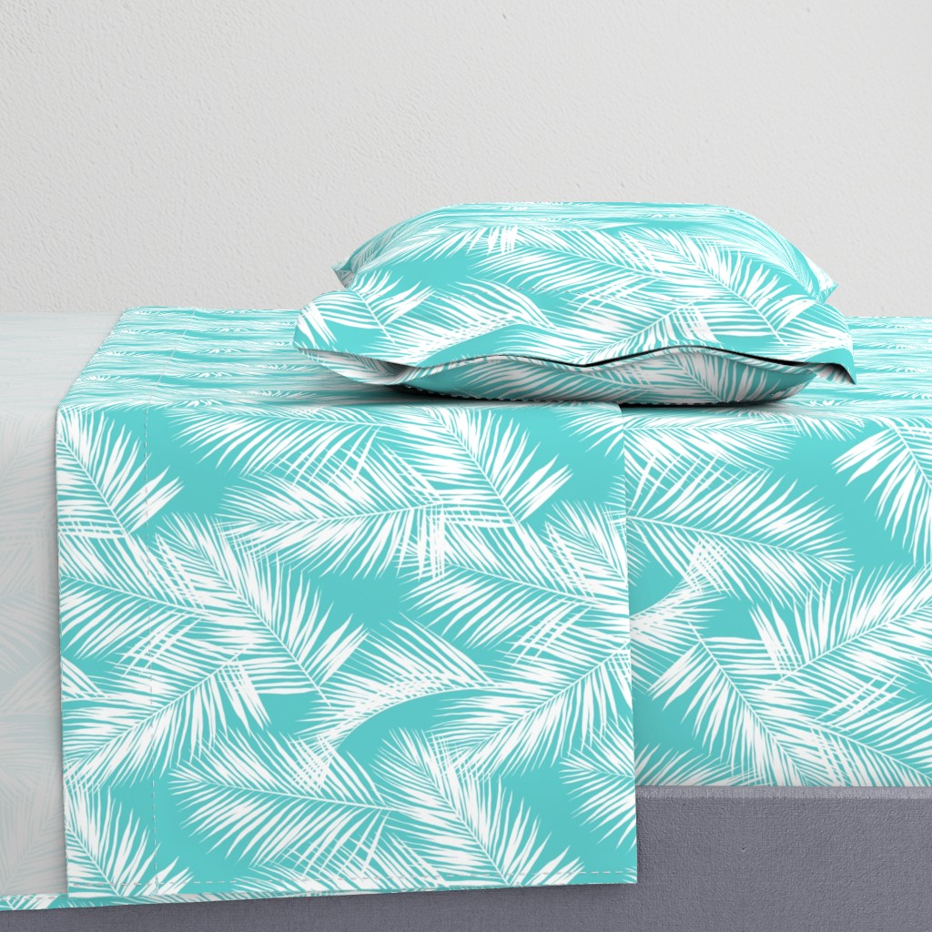 palm leaves - white on turquoise, small. silhuettes tropical forest turquoise light blue white hot summer palm plant tree leaves fabric wallpaper giftwrap