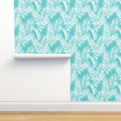 palm leaves - white on turquoise, small. silhuettes tropical forest turquoise light blue white hot summer palm plant tree leaves fabric wallpaper giftwrap