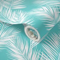 palm leaves - white on turquoise, small. silhuettes tropical forest turquoise light blue white hot summer palm plant tree leaves fabric wallpaper giftwrap