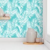 palm leaves - white on turquoise, small. silhuettes tropical forest turquoise light blue white hot summer palm plant tree leaves fabric wallpaper giftwrap