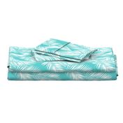 palm leaves - white on turquoise, small. silhuettes tropical forest turquoise light blue white hot summer palm plant tree leaves fabric wallpaper giftwrap