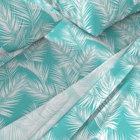 palm leaves - white on turquoise, small. silhuettes tropical forest turquoise light blue white hot summer palm plant tree leaves fabric wallpaper giftwrap