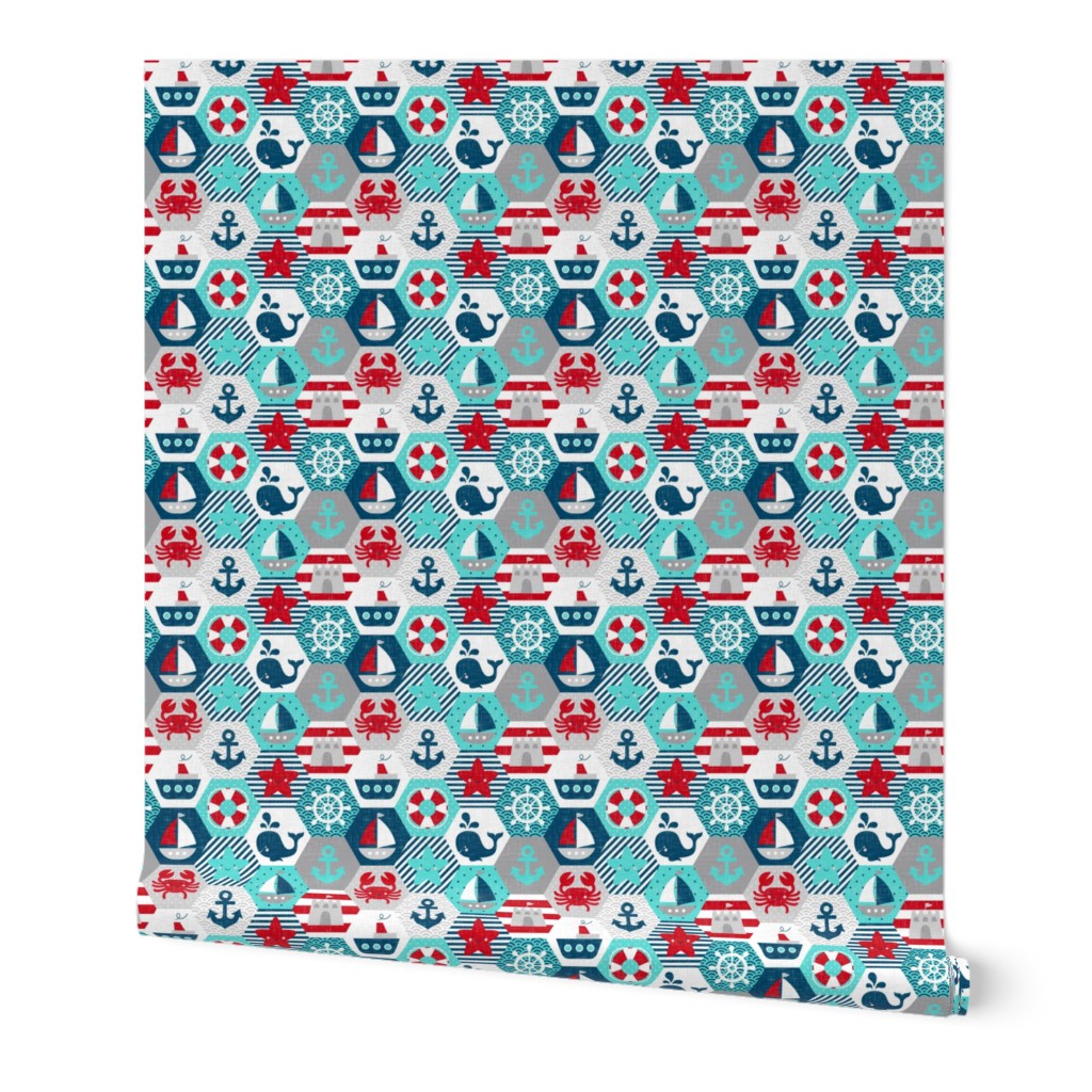 Nautical Baby Hexagonal Quilt Red Blue Grey White Linen Texture Extra Large Scale