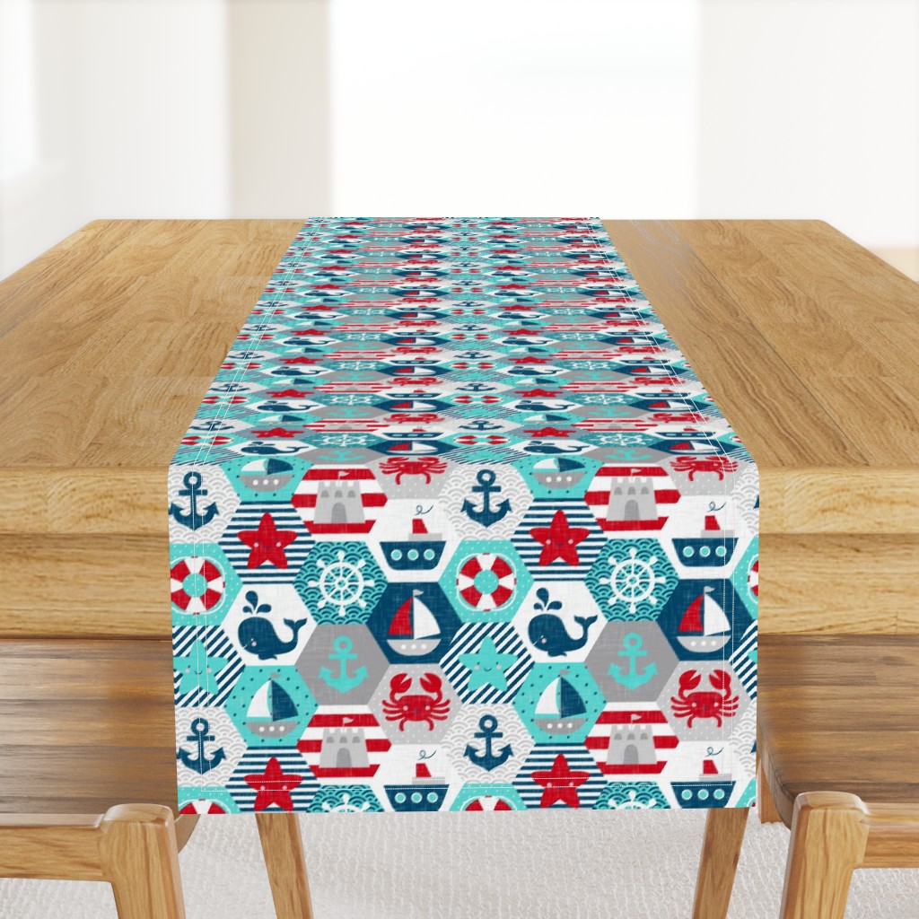 Nautical Baby Hexagonal Quilt Red Blue Grey White Linen Texture Extra Large Scale