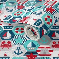 Nautical Baby Hexagonal Quilt Red Blue Grey White Linen Texture Extra Large Scale