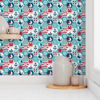 Nautical Baby Hexagonal Quilt Red Blue Grey White Linen Texture Extra Large Scale