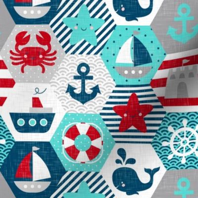 Nautical Baby Hexagonal Quilt Red Blue Grey White Linen Texture Extra Large Scale