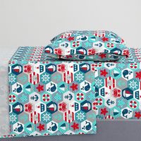 Nautical Baby Hexagonal Quilt Red Blue Grey White Linen Texture Extra Large Scale