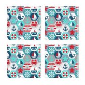 Nautical Baby Hexagonal Quilt Red Blue Grey White Linen Texture Extra Large Scale