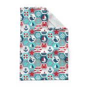 Nautical Baby Hexagonal Quilt Red Blue Grey White Linen Texture Extra Large Scale