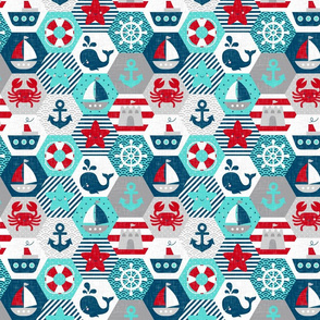 Nautical Baby Hexagonal Quilt Red Blue Grey White Linen Texture Extra Large Scale