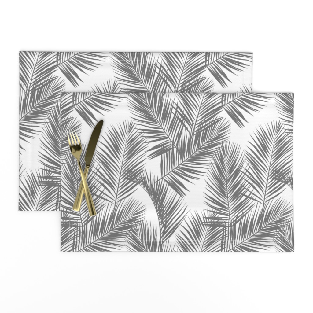 palm leaves - gray on white, small. silhuettes tropical forest gray white hot summer palm plant tree leaves fabric wallpaper giftwrap