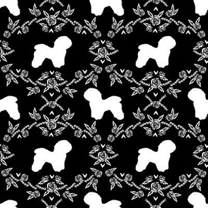 Bichon Frise floral silhouette dog fabric pattern black