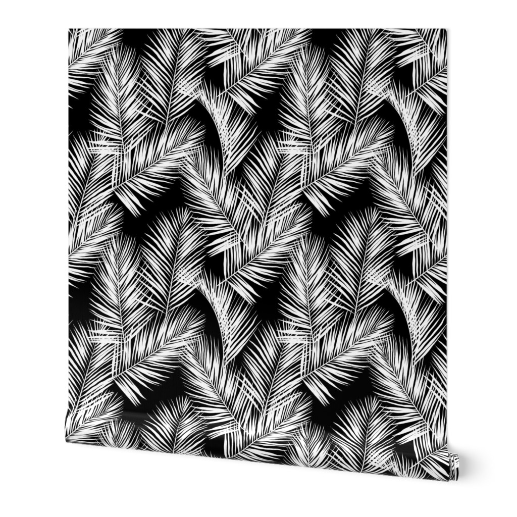 palm leaves - white on black, silhuettes tropical forest black white simple hot summer palm plant tree leaves fabric wallpaper giftwrap