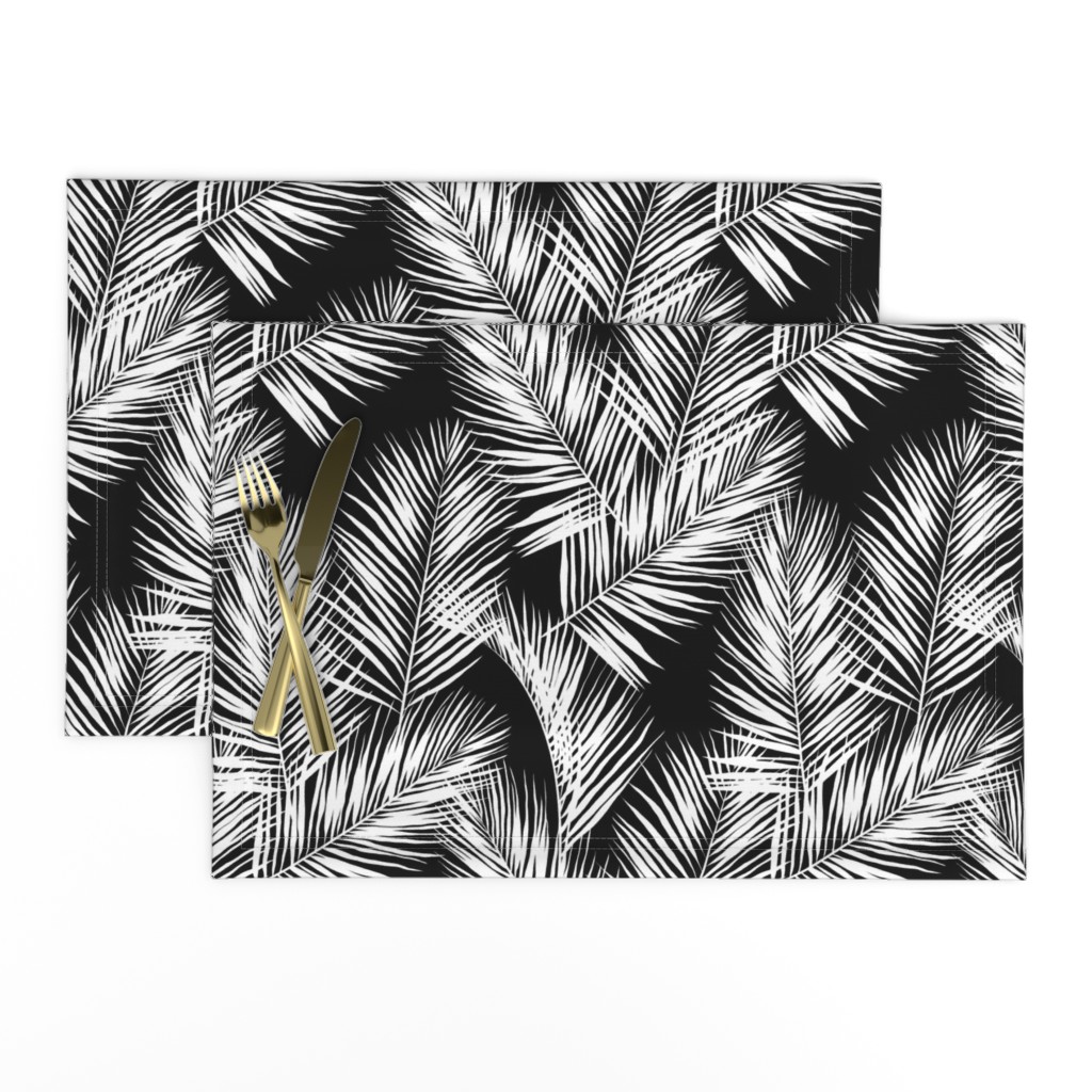 palm leaves - white on black, silhuettes tropical forest black white simple hot summer palm plant tree leaves fabric wallpaper giftwrap