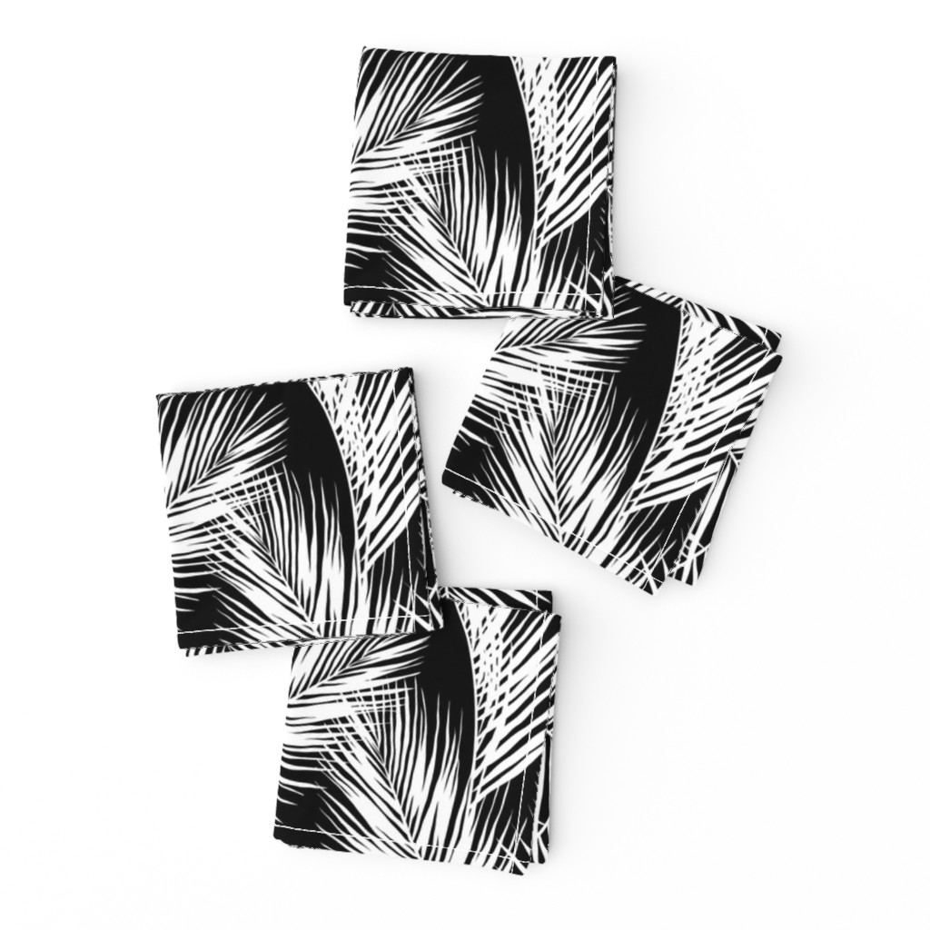 palm leaves - white on black, silhuettes tropical forest black white simple hot summer palm plant tree leaves fabric wallpaper giftwrap