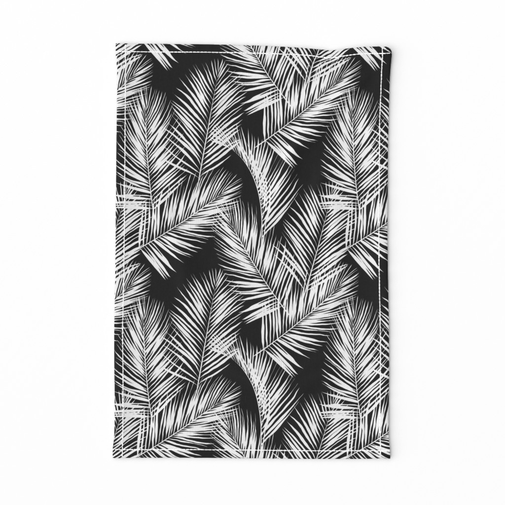 palm leaves - white on black, silhuettes tropical forest black white simple hot summer palm plant tree leaves fabric wallpaper giftwrap