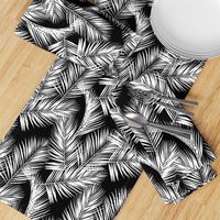 palm leaves - white on black, silhuettes tropical forest black white simple hot summer palm plant tree leaves fabric wallpaper giftwrap