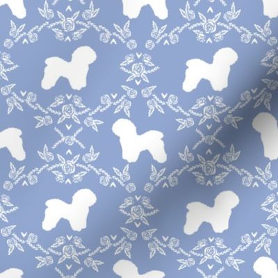 Bichon Frise floral silhouette dog fabric pattern cerulean