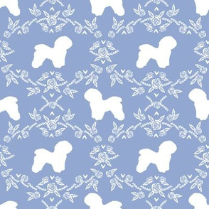 Bichon Frise floral silhouette dog fabric pattern cerulean