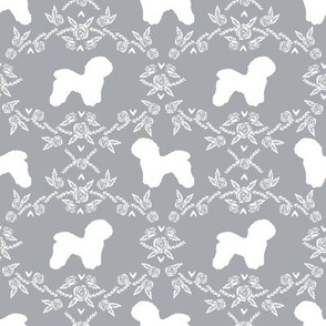 Bichon Frise floral silhouette dog fabric pattern grey