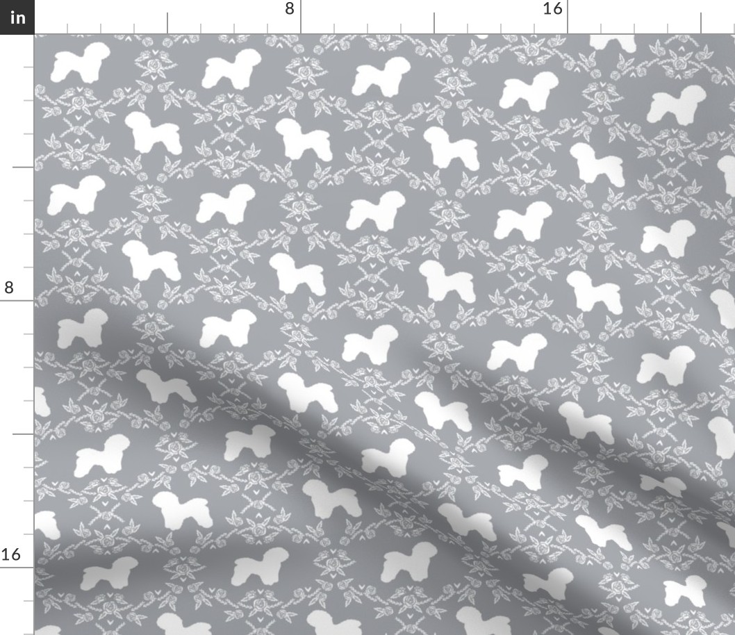 Bichon Frise floral silhouette dog fabric pattern grey