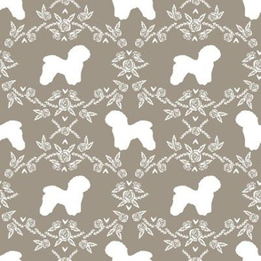 Bichon Frise floral silhouette dog fabric pattern med brown