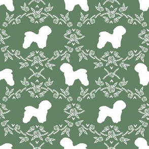 Bichon Frise floral silhouette dog fabric pattern med green