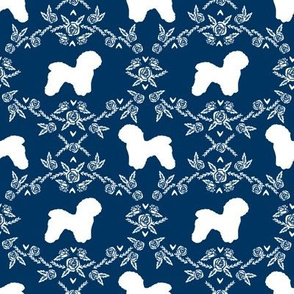 Bichon Frise floral silhouette dog fabric pattern navy